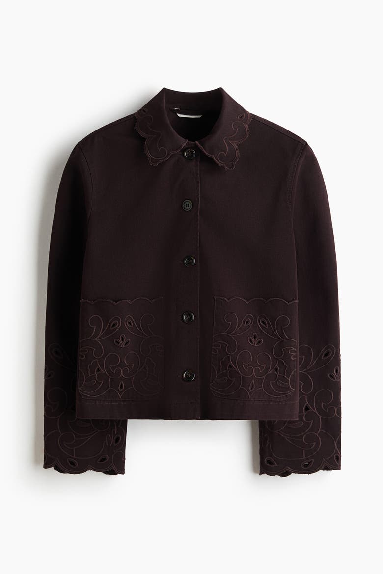 Twill Jacket With Eyelet Embroidery, Alternate, color, Dark brown