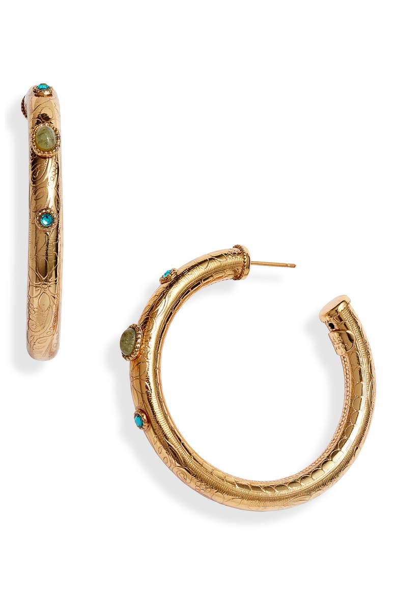 Maoro Embellished Hoop Earrings, Main, color, GOLD/ SEA GREEN