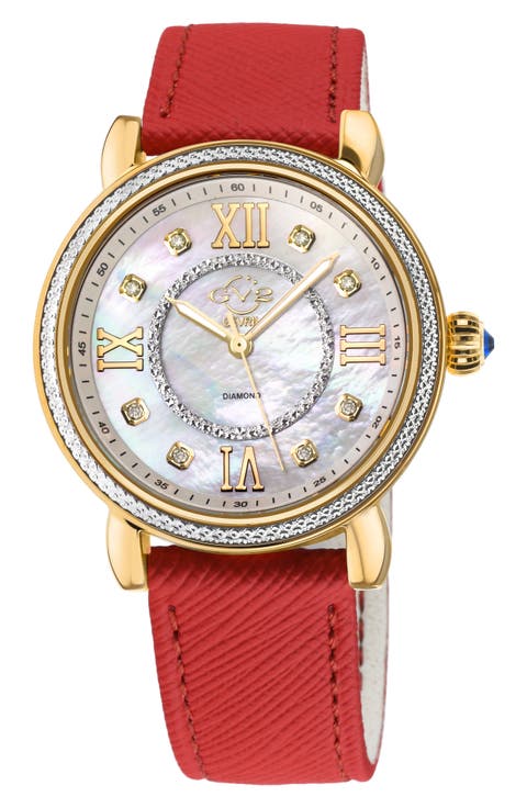 Marsala Mother of Pearl Dial Diamond Faux Leather Strap Watch, 37mm - 0.096ct.