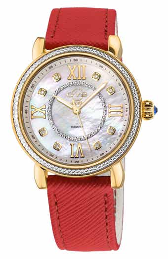 GV2 Marsala Mother of Pearl Dial Diamond Faux Leather Strap Watch, 37mm - 0.096ct.