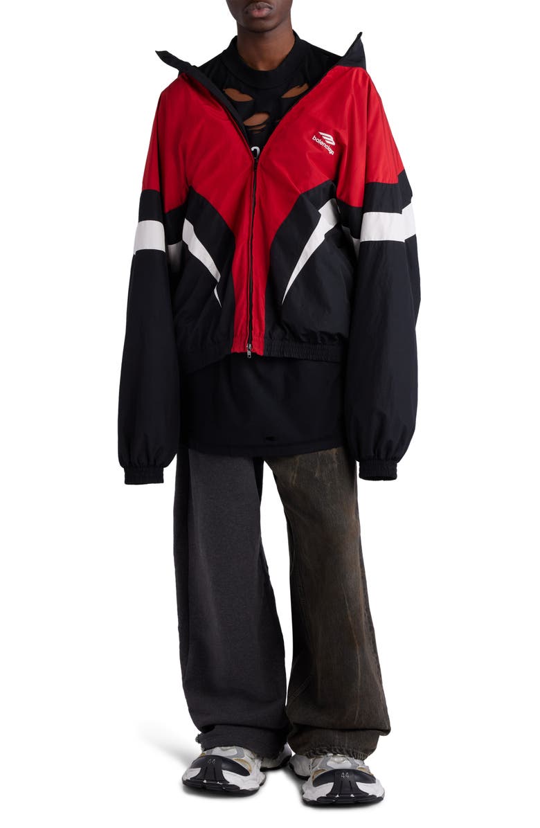 Balenciaga 3B Sports Icon Off the Shoulder Track Jacket, Alternate, color, Black