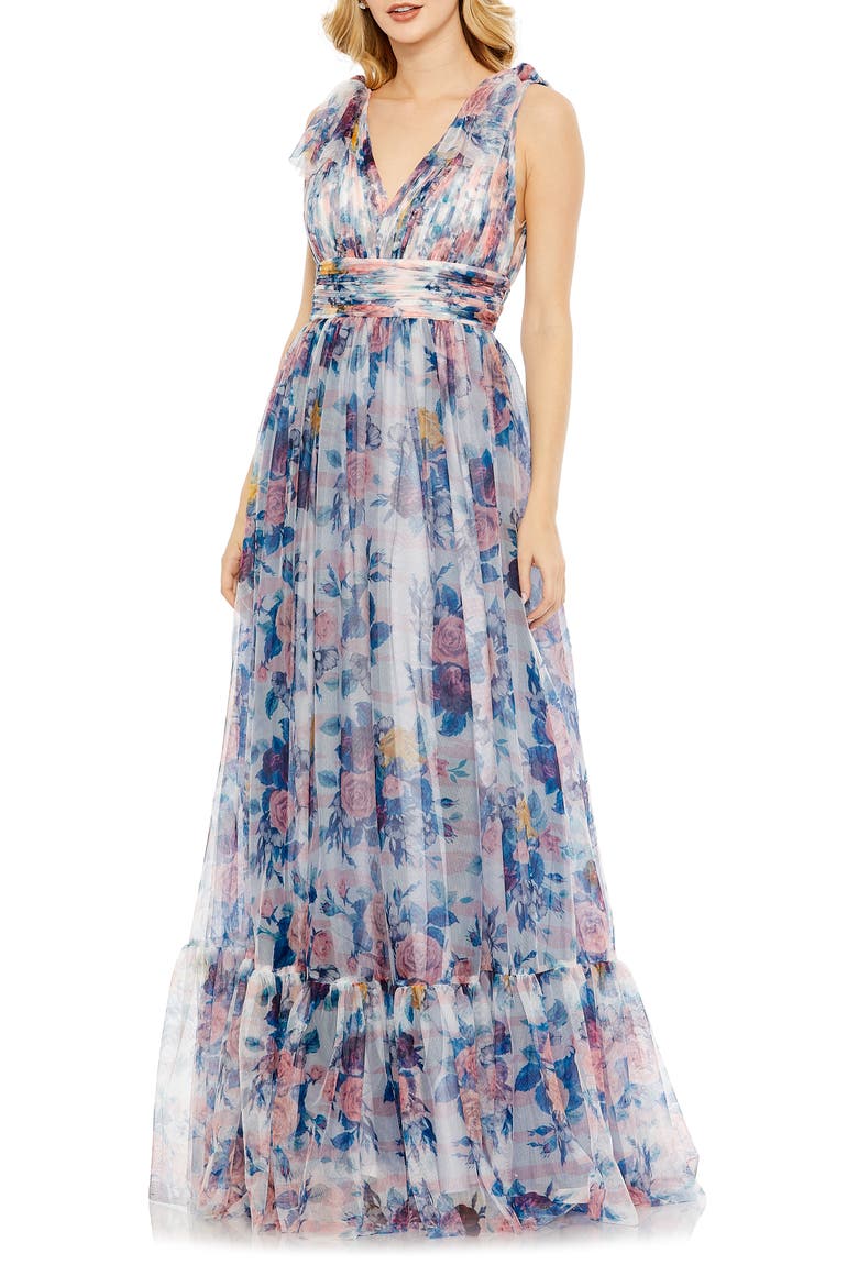 Floral Tie Strap Gown, Main, color, BLUE MULTI