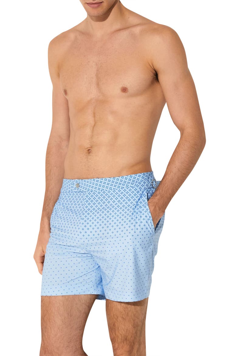Darli Gradient Geo Print Side Adjuster Swim Trunks, Alternate, color, SOFT BLUE