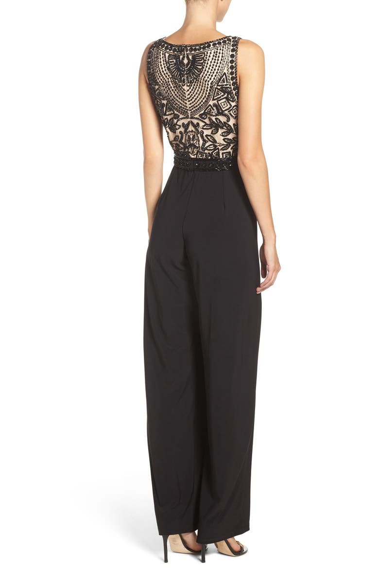 Embellished Mesh & Jersey Jumpsuit, Alternate, color, BLACK NUDE