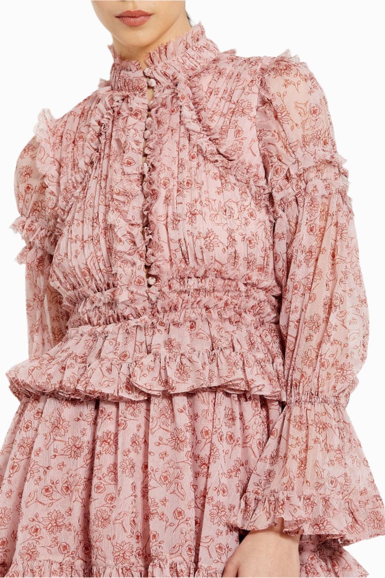 Long Sleeve Open Front High Neck Ruffle Mini Dress, Alternate, color, Cinnamon