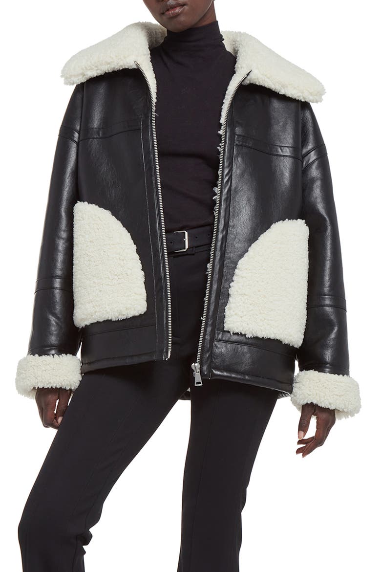 Catalina Faux Leather & Shearling Bomber Jacket, Main, color, NOIR IVORY