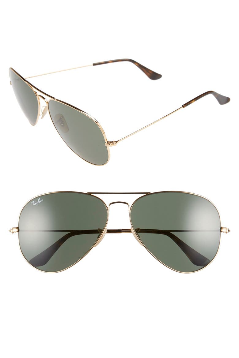 62mm Aviator Sunglasses, Main, color, GOLD/ DARK GREEN
