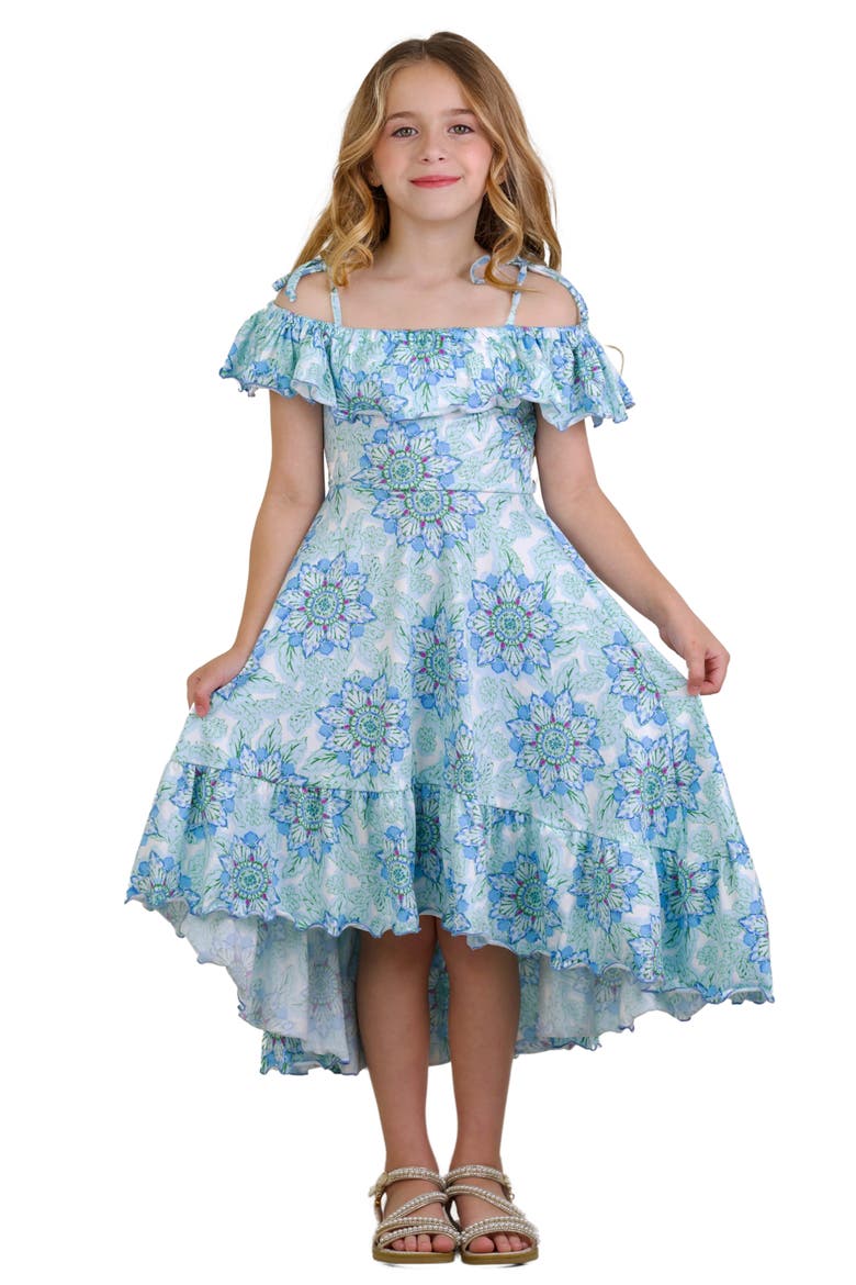 Girls Tropical Floral Bloom Ruffle Hi Lo Dress, Main, color, Blue