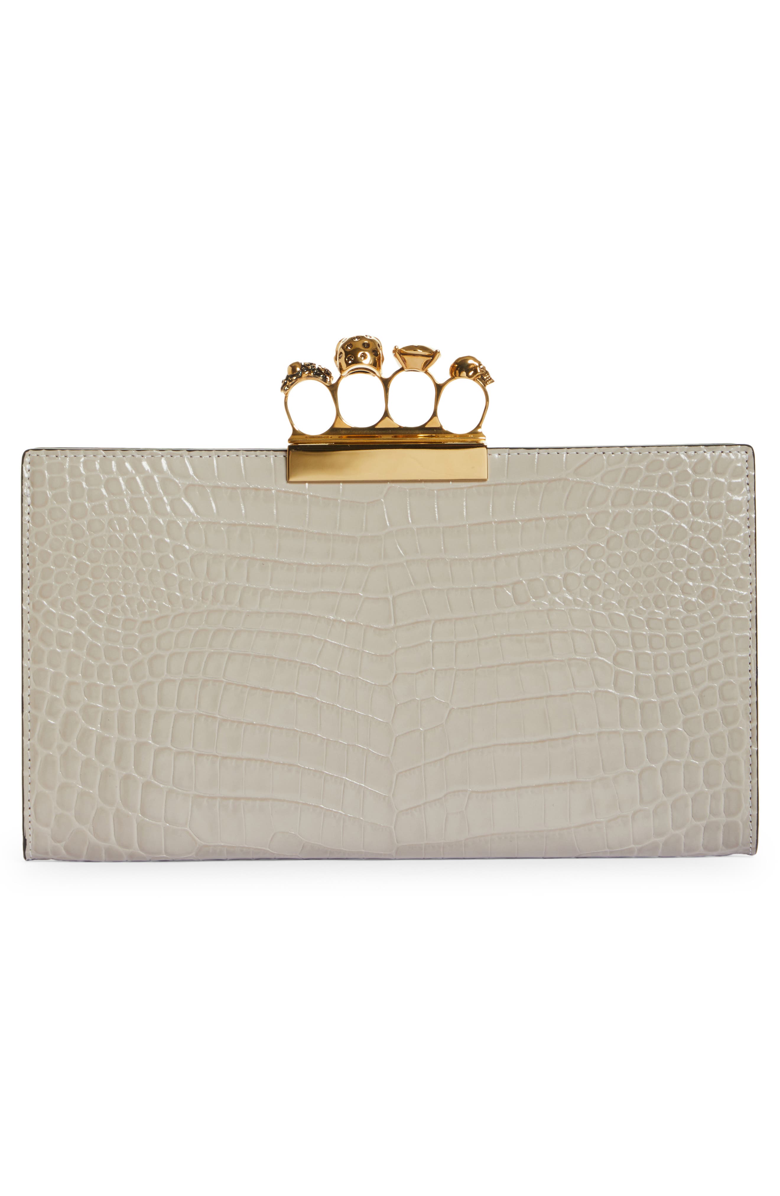 McQueen Alexander McQueen Four-Ring Knuckle Clasp Croc Embossed Leather Clutch, Alternate, color, 