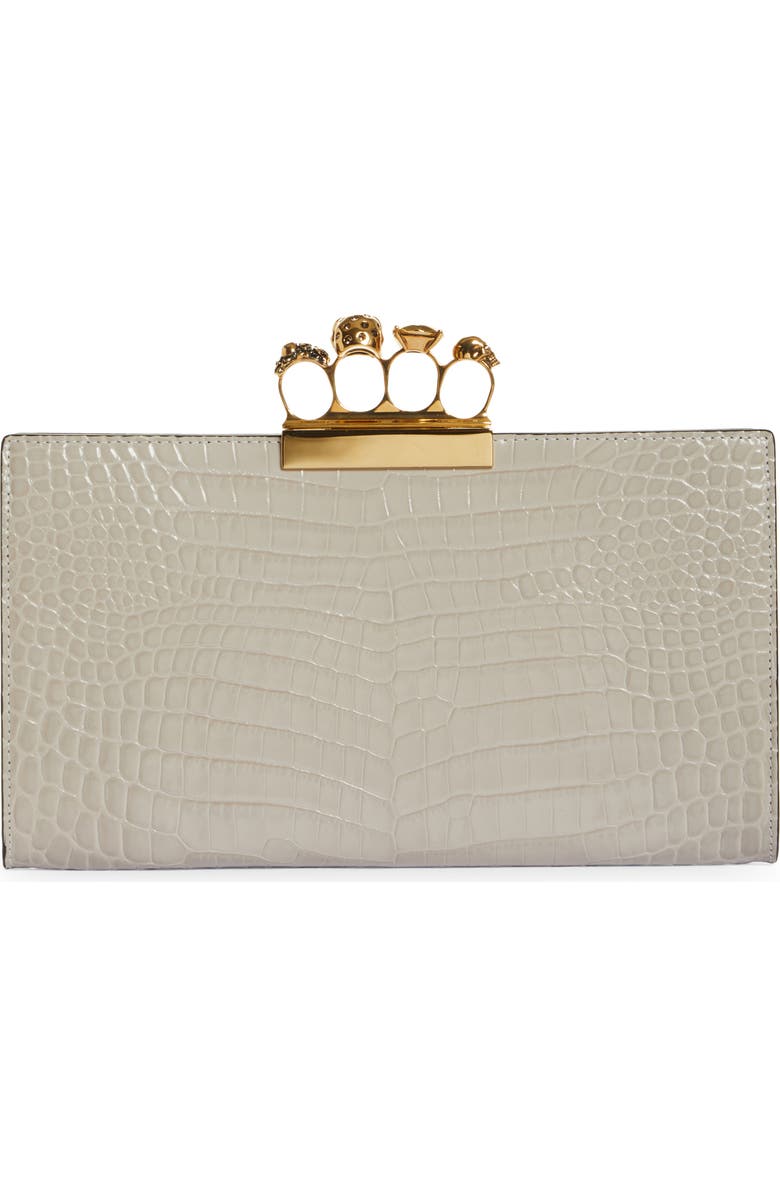 McQueen Alexander McQueen Four-Ring Knuckle Clasp Croc Embossed Leather Clutch, Alternate, color,