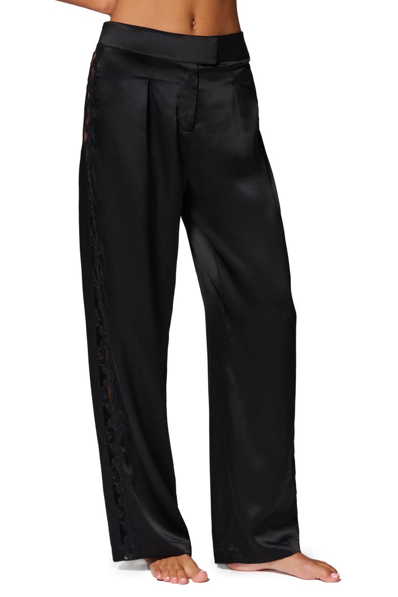 Love Me Lace Trim Silk Blend Pants, Main, color, BLACK