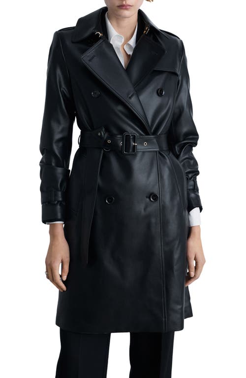Mango Double Breasted Belted Faux Leather Trench Coat In Black