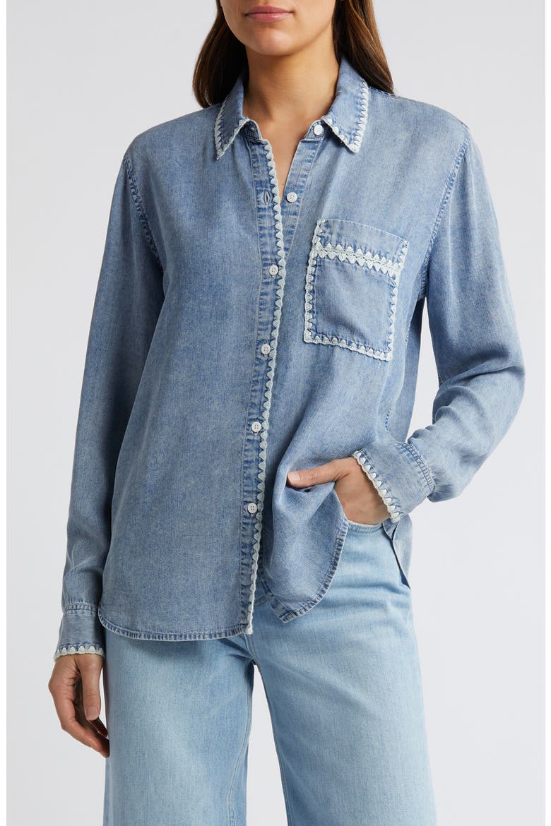 Saya Embroidered Detail Chambray Button-Up Shirt, Main, color, MEDIUM CLOUD WASH