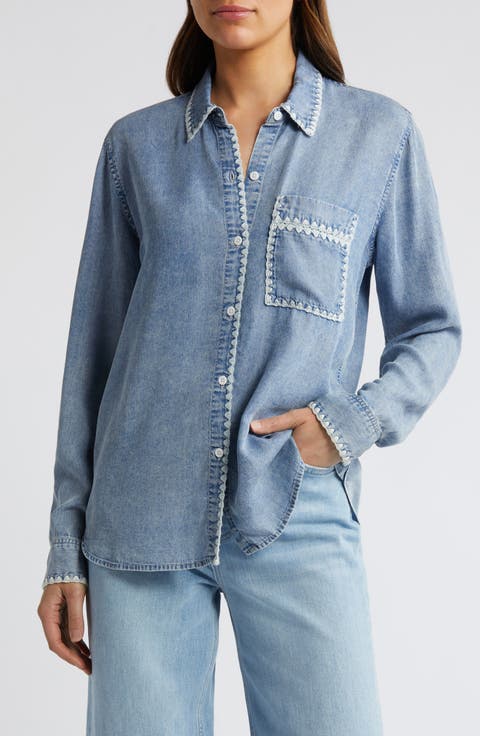 Saya Embroidered Detail Chambray Button-Up Shirt