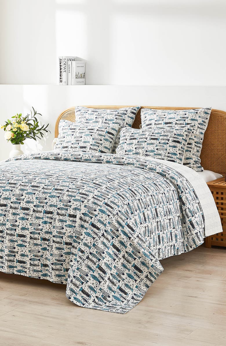 MELANGE HOME Fish Kantha Cotton Coverlet, Alternate, color, Indigo