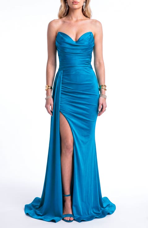 Ruched Strapless Sweetheart Mermaid Gown With Side Drape