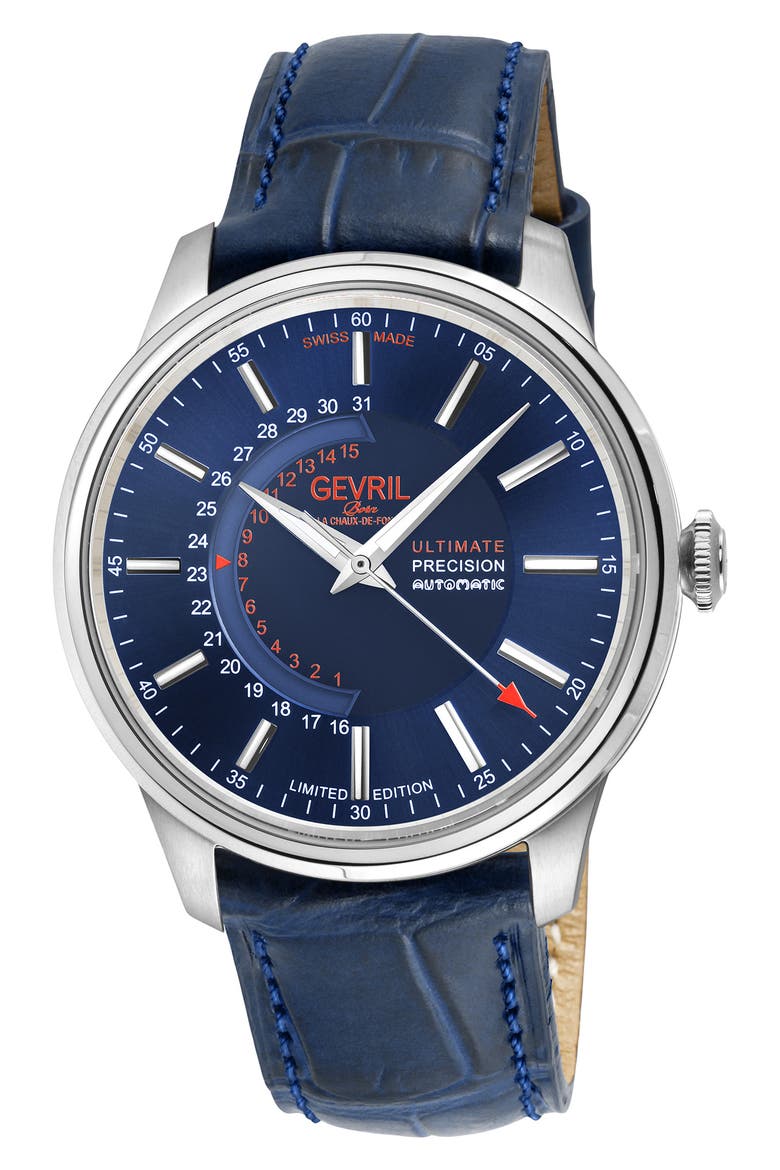 Guggenheim Swiss Automatic Croc Embossed Leather Strap Watch, 44mm, Main, color, BLUE