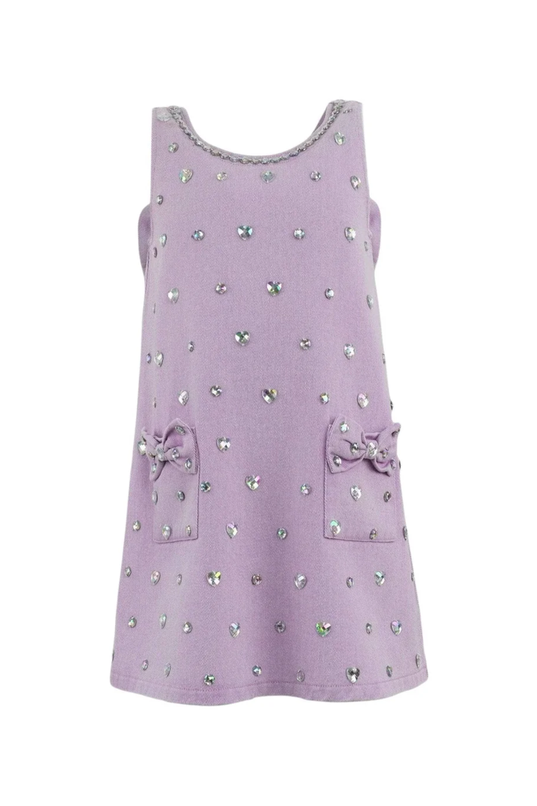 Crystal Heart Denim Bow Dress, Main, color, Purple
