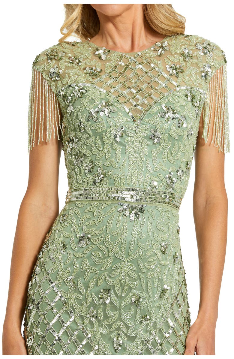 Mac Duggal Petite Beaded Fringe High-Neck Fitted Evening Gown, Alternate, color, Sage