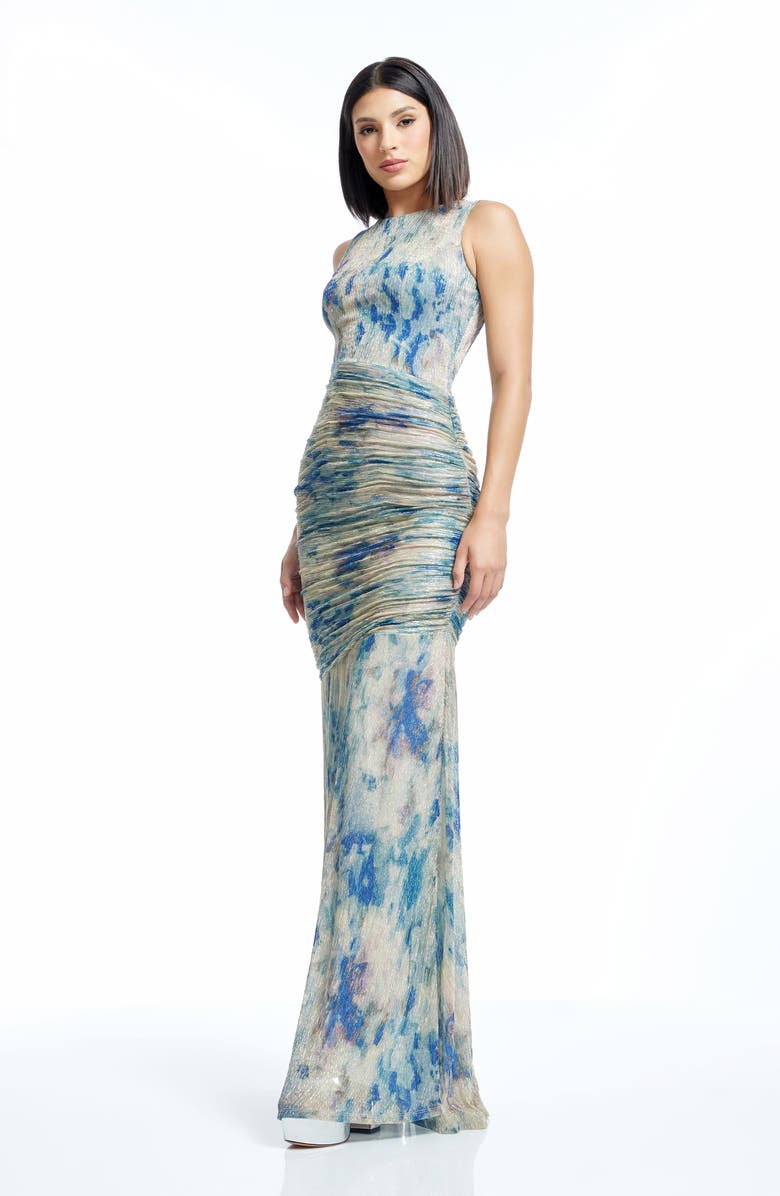 Dress the Population Violetta Metallic Floral Print Trumpet Gown, Alternate, color, Pale Blue Multi