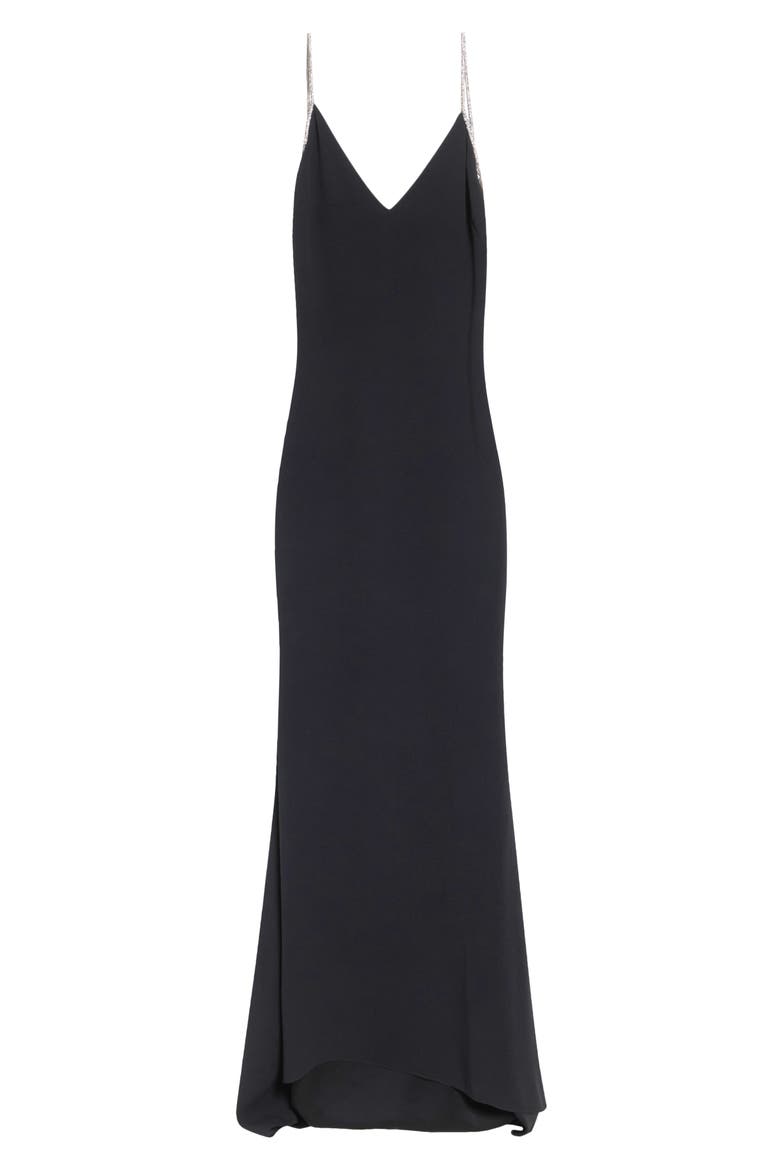 Crystal Chain Strap Open Back Satin Gown, Main, color, BLACK/ CRYSTAL