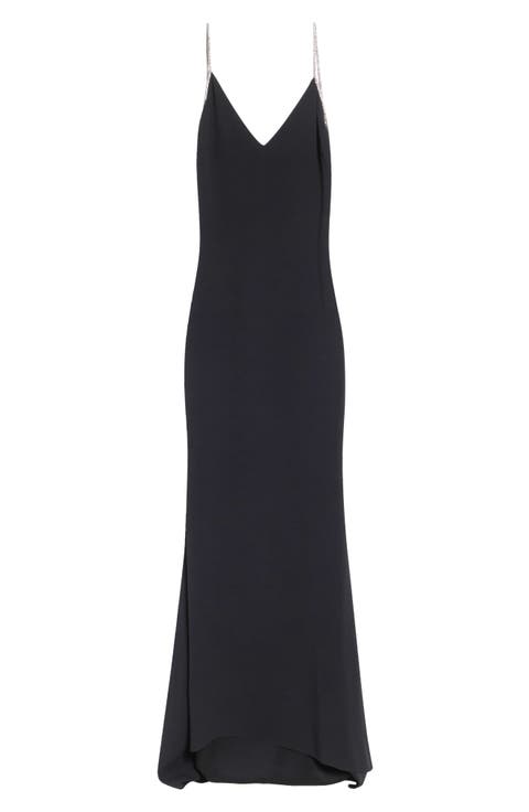 Crystal Chain Strap Open Back Satin Gown