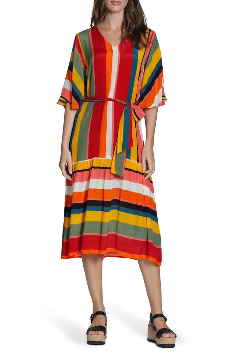 APNY Stripe Belted Dress, Main, color, Orange Olive Multi