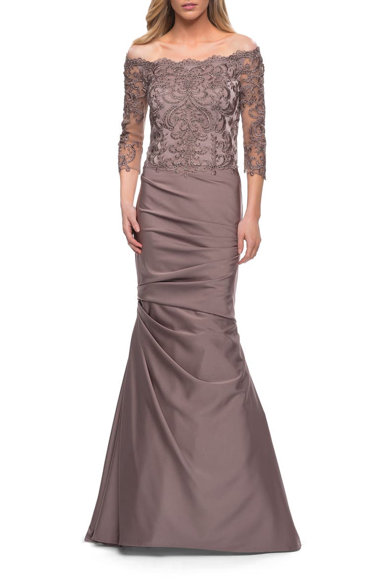 Satin Mermaid Gown with Off the Shoulder Lace Bodice, Main, color, Cocoa