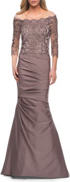 La Femme Satin Mermaid Gown with Off the Shoulder Lace Bodice