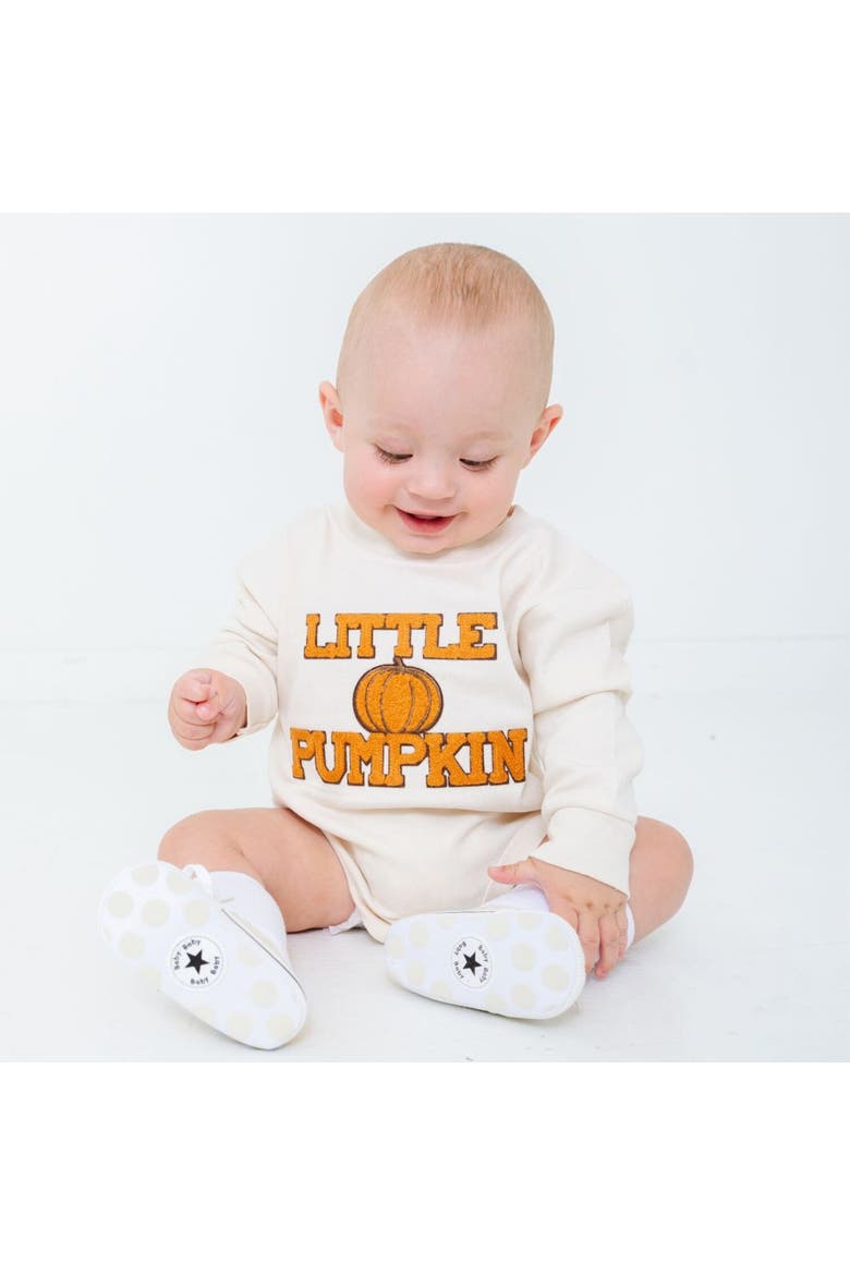 Little Pumpkin Patch Long Sleeve Romper, Alternate, color, Natural