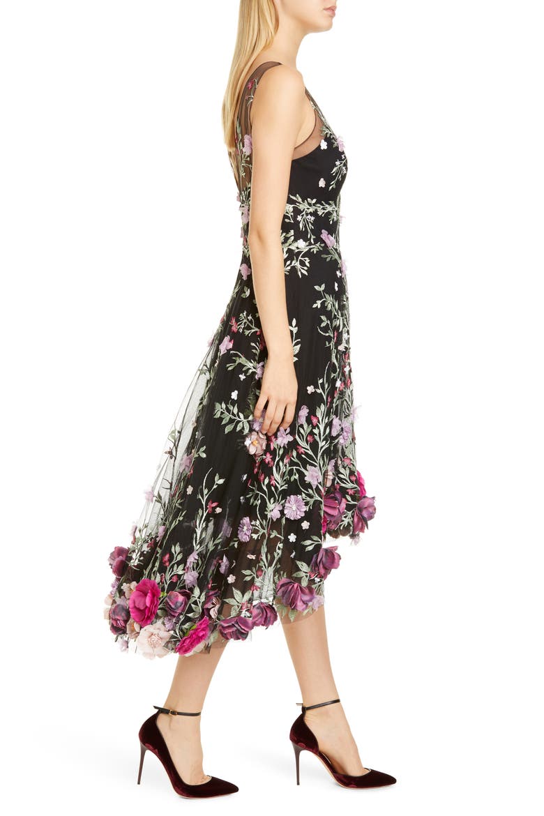Floral Appliqué High/Low Cocktail Dress, Alternate, color, BLACK