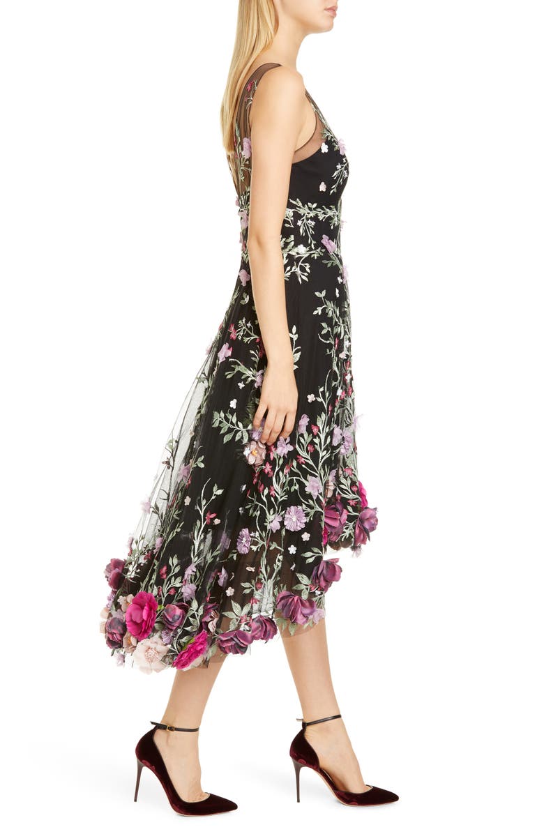 Marchesa Notte Floral Appliqué High/Low Cocktail Dress, Alternate, color,