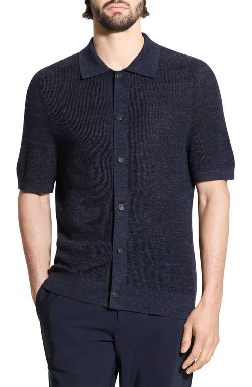 Theory Short Sleeve Linen Button Down Shirt In Blue