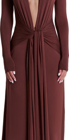 Plunge Neck Long Sleeve Stretch Jersey Maxi Dress
