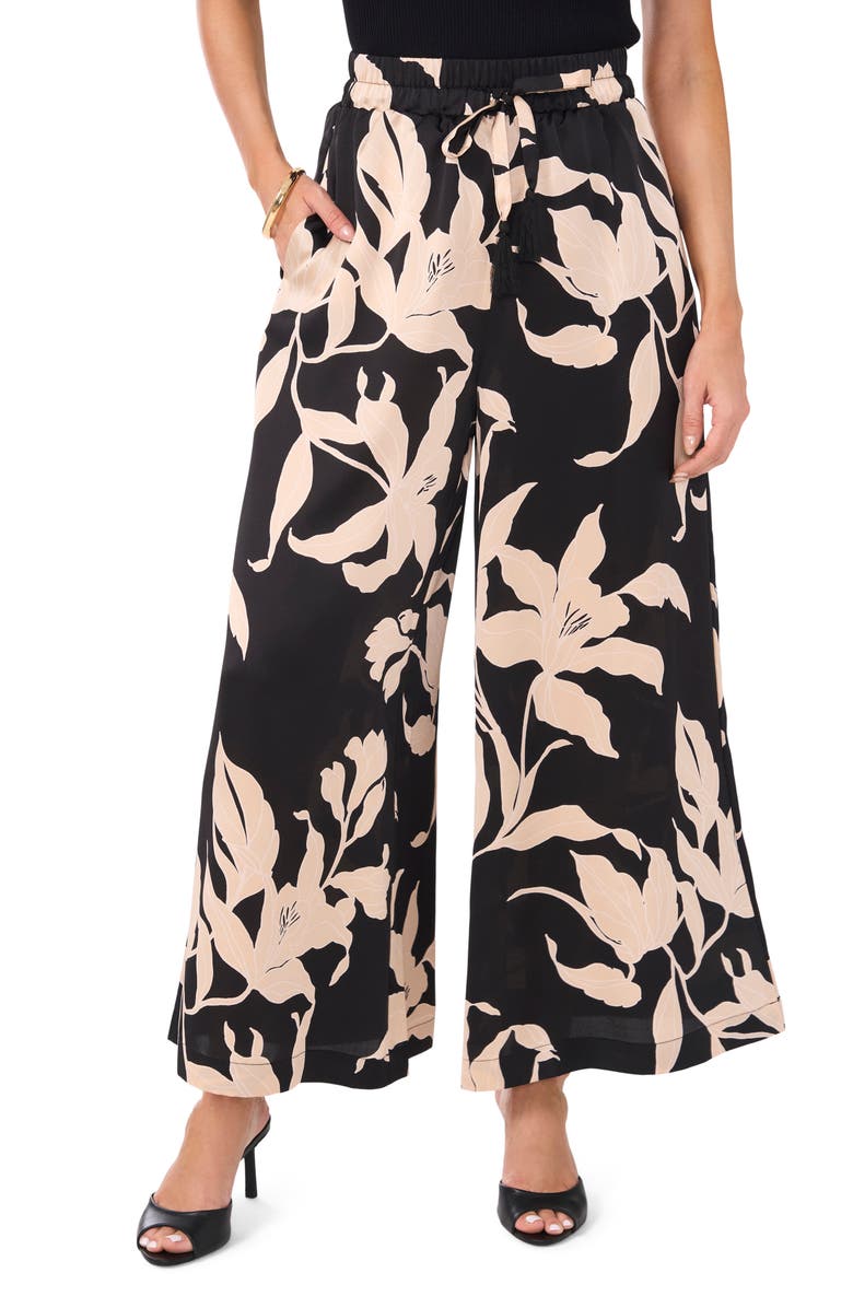 Vince Camuto Floral Drawstring High Waist Satin Wide Leg Pants, Main, color, 
