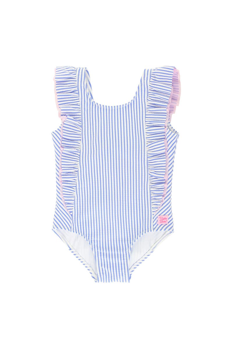 RuffleButts Girls Seersucker Waterfall One Piece, Main, color, Periwinkle Blue Seersucker