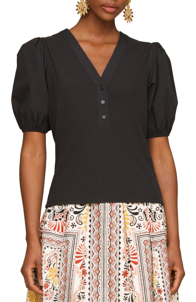 Avec Les Filles Puff Sleeve Stretch Cotton Top, Main, color, 