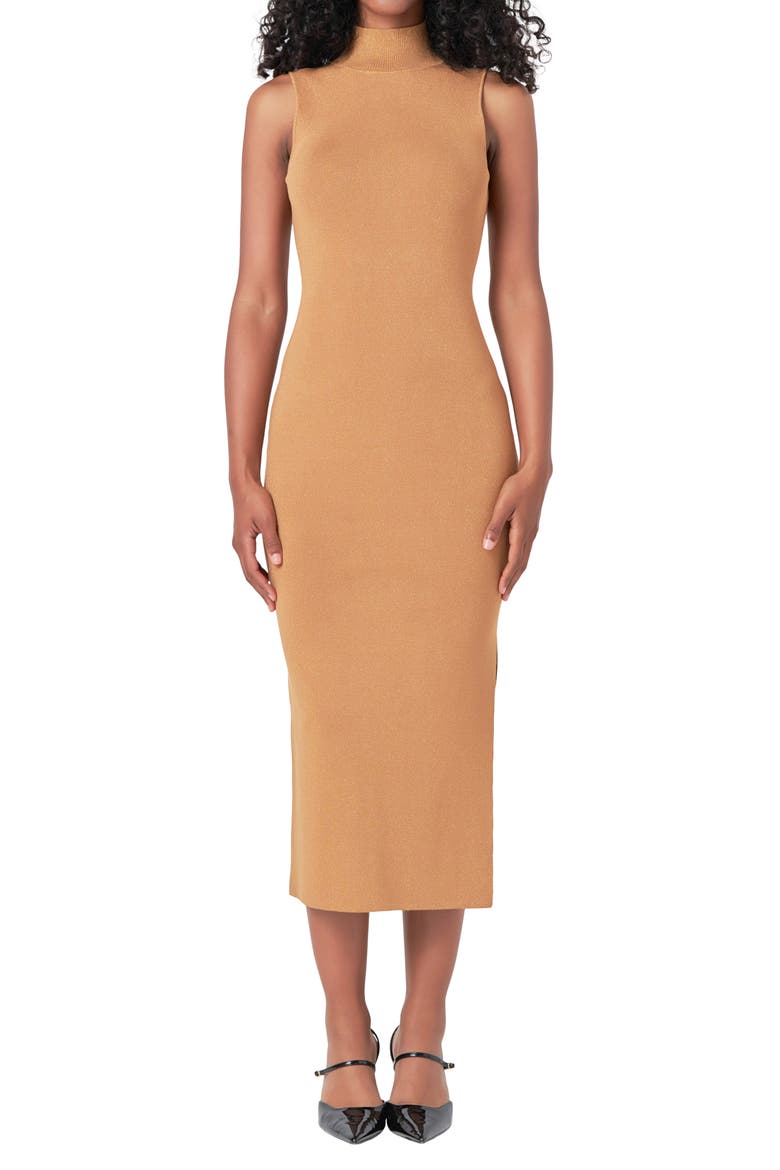 Metallic Mock Neck Body-Con Midi Dress, Alternate, color, CAMEL
