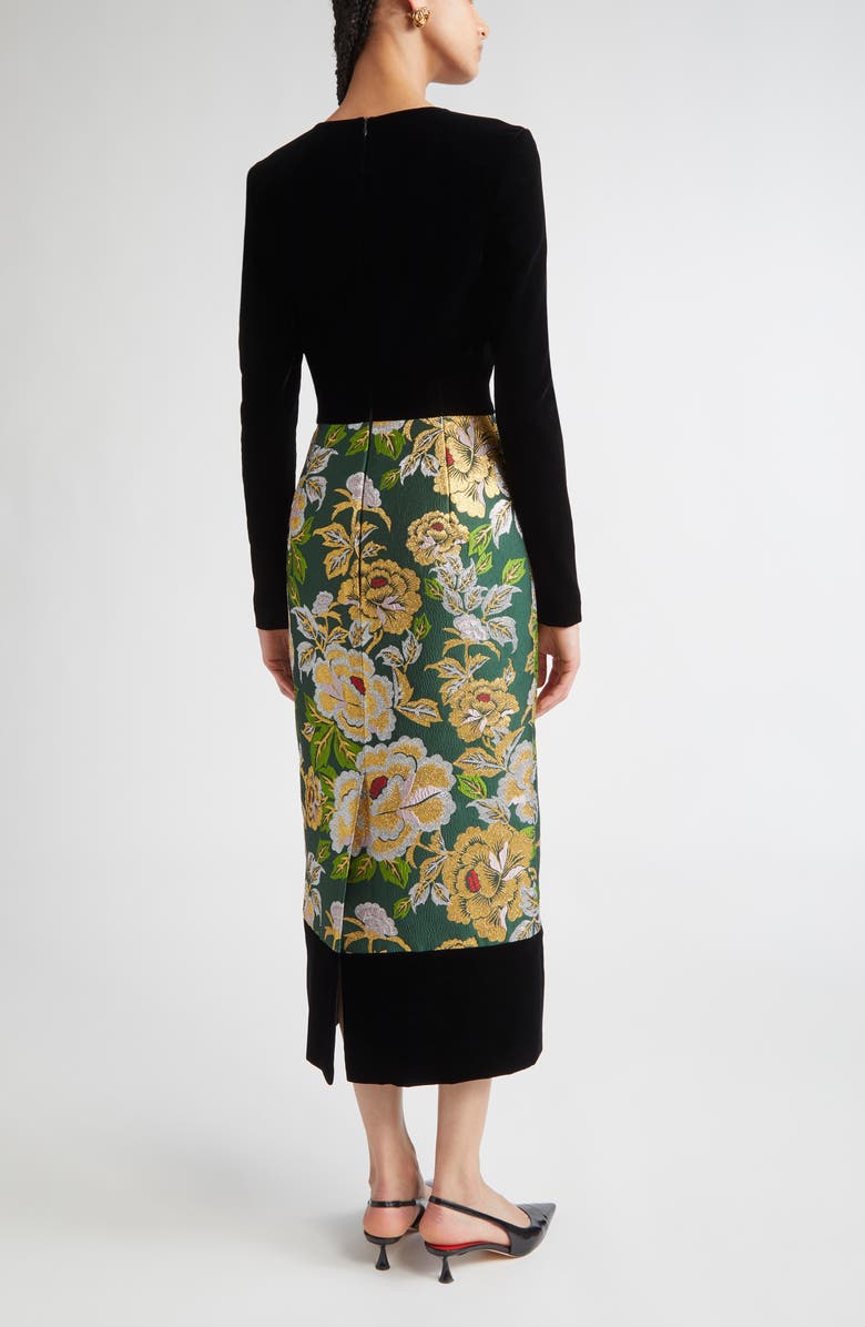 Carolina Herrera Long Sleeve Floral Jacquard & Velvet Midi Dress, Alternate, color, Pine Green Mult