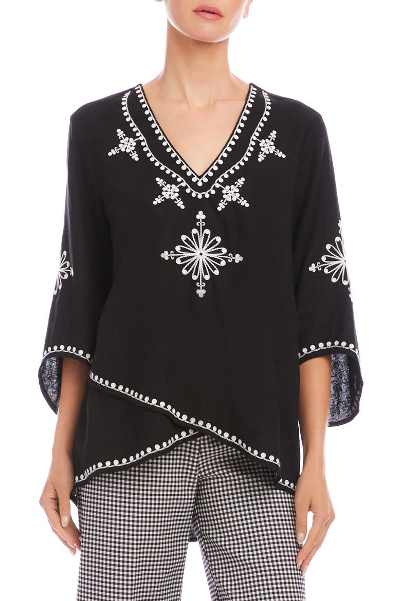 Embroidered Asymmetric Hem Linen Blend Top, Main, color, BLACK