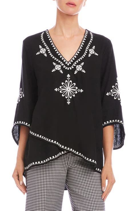 Embroidered Asymmetric Hem Linen Blend Top (Petite)