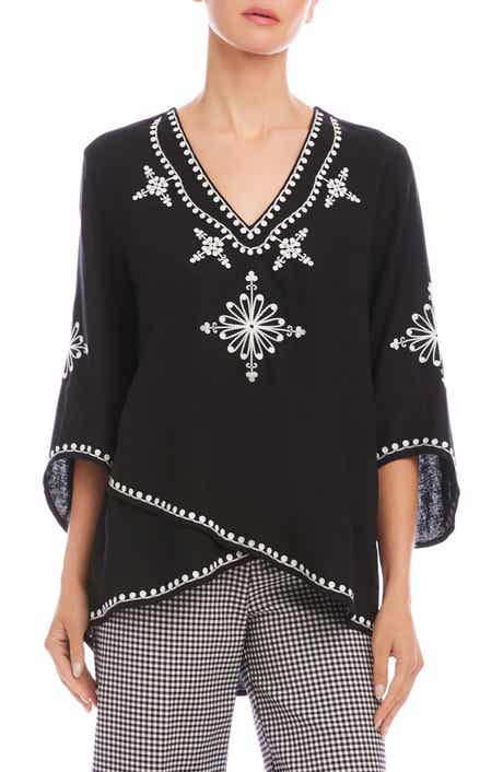 Embroidered Asymmetric Hem Linen Blend Top