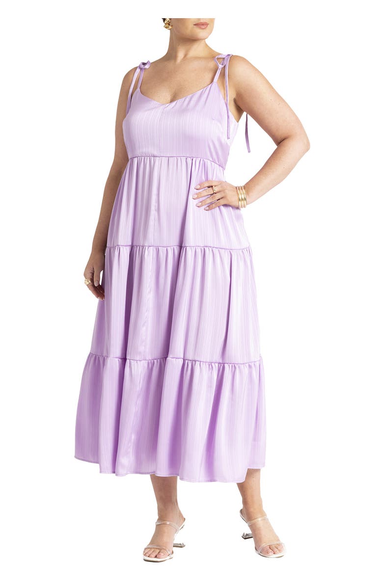 ELOQUII Tiered Satin Maxi Dress, Main, color, Pastel Lilac