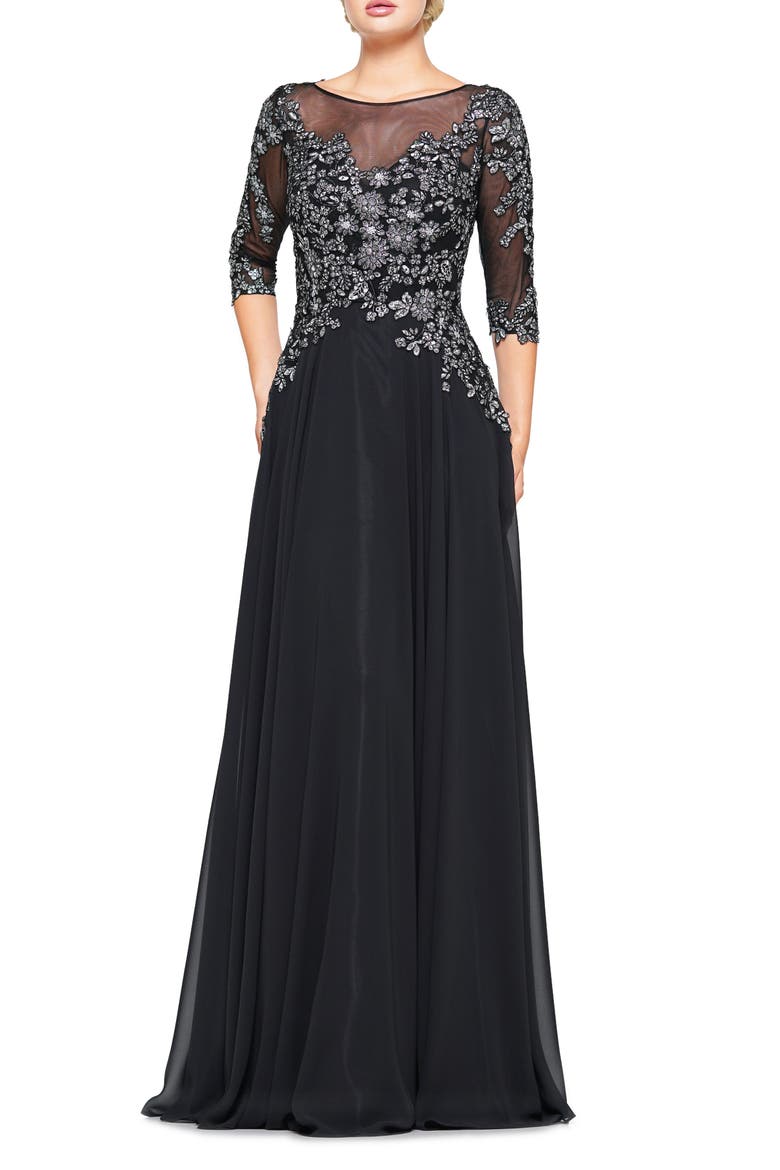 Metallic Lace & Chiffon A-Line Evening Gown, Main, color, BLACK