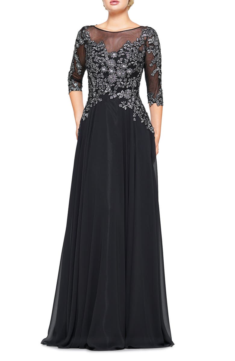 MARSONI Metallic Lace & Chiffon A-Line Evening Gown, Main, color,