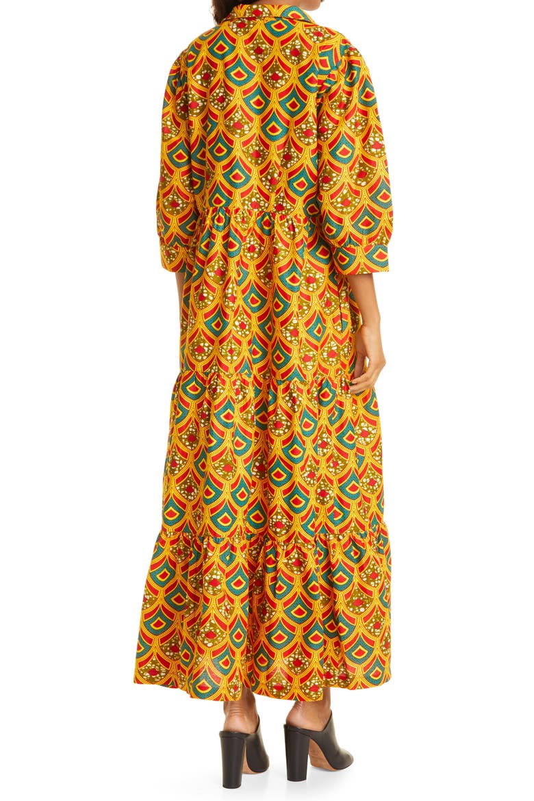 Crown Print Tiered Midi Dress (Nordstrom Exclusive), Alternate, color, GOLDEN RED TEAL