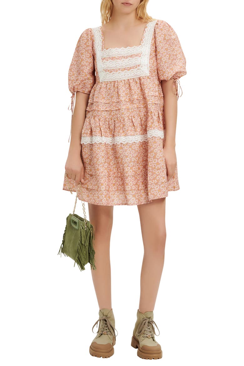 Radola Floral Print Lace Detail Linen Blend Dress, Main, color, PINK DAISY