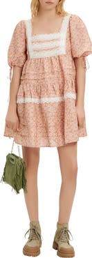 maje Radola Floral Print Lace Detail Linen Blend Dress