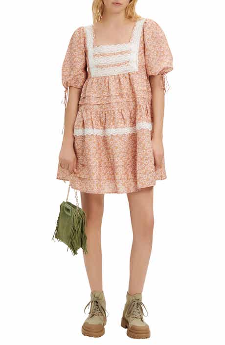 maje Radola Floral Print Lace Detail Linen Blend Dress