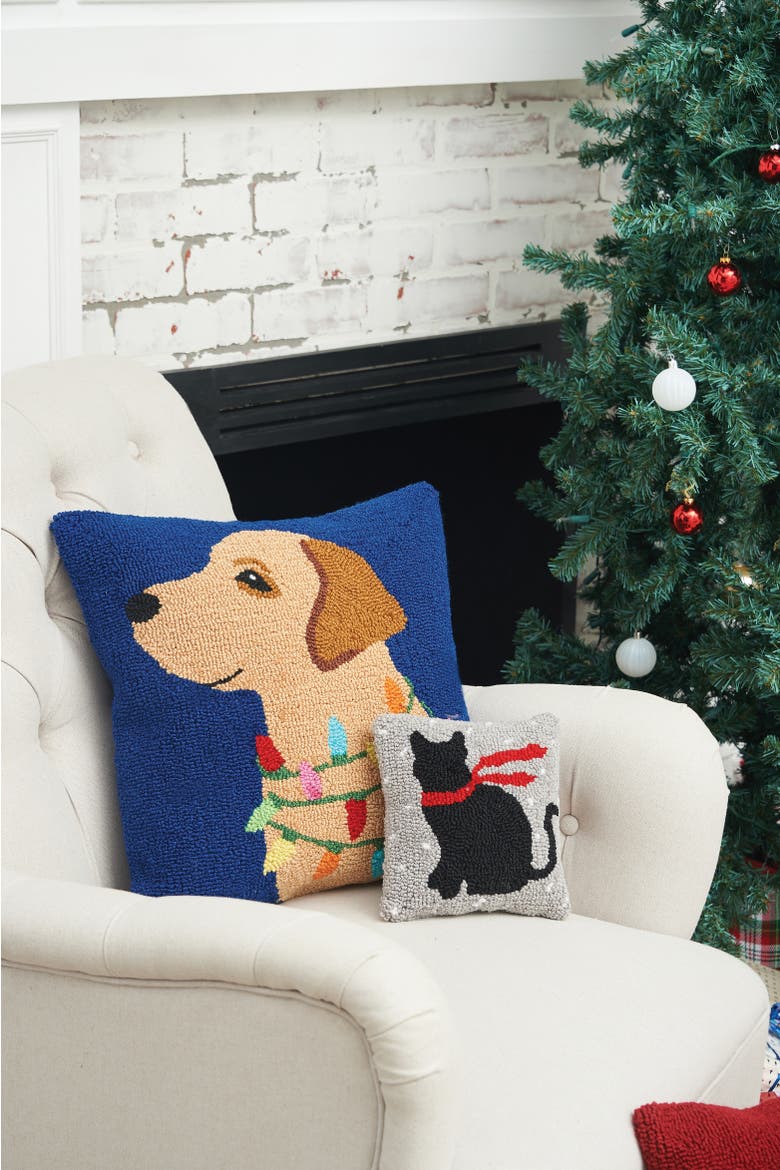 Christmas Black Cat w/ Red Scarf Silhouette Hooked Mini Accent Pillow 8" x 8", Alternate, color, Grey